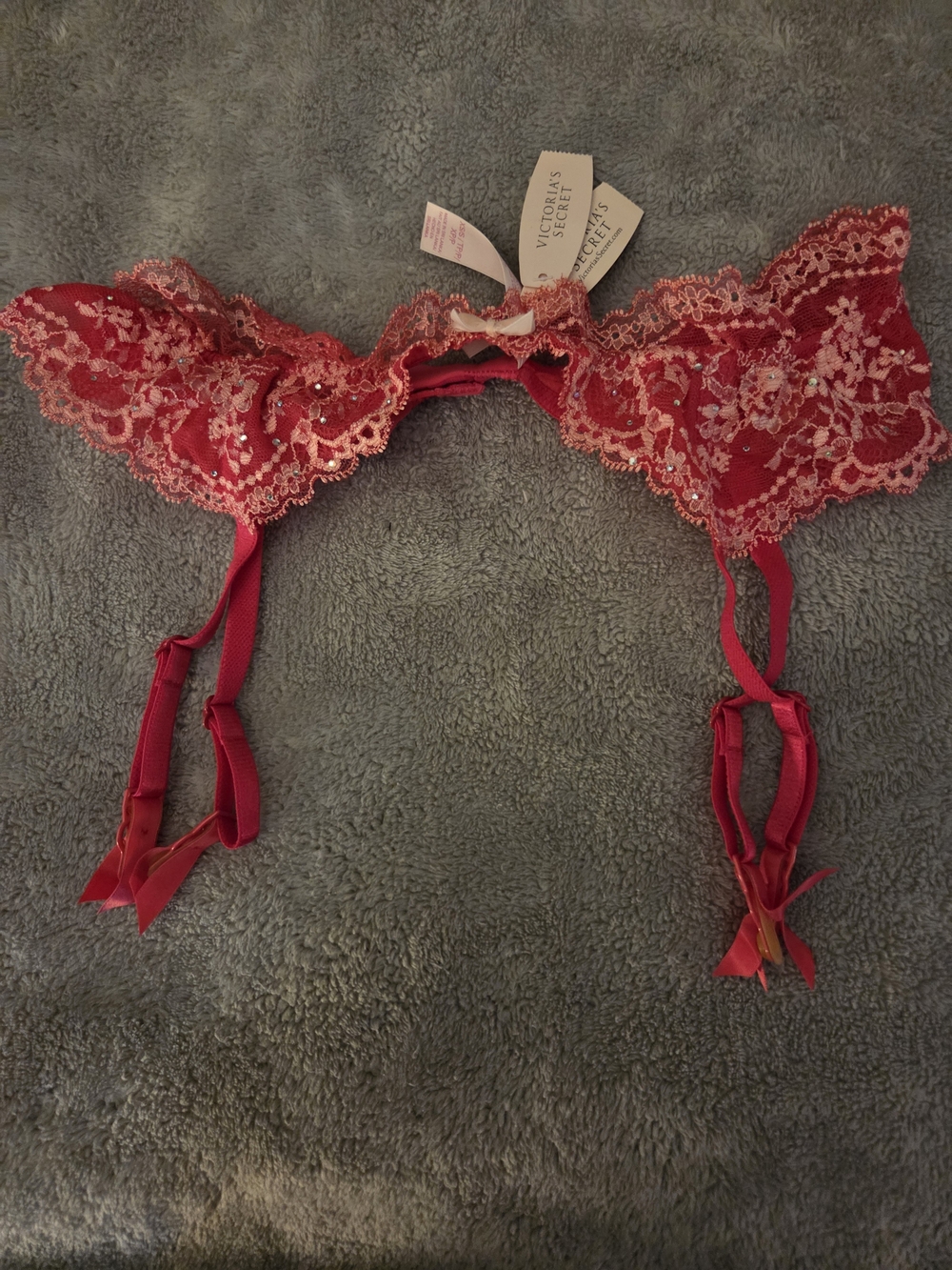 Victoria's Secret Red Lace Garter Belt with Floral Embroidery